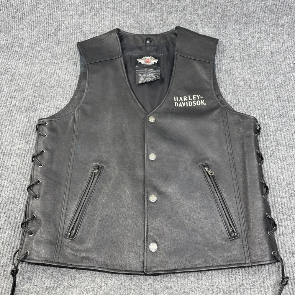 Harley Davidson Mens Leather Vest M Black Ride Free Flame Eagle Biker Motorcycle